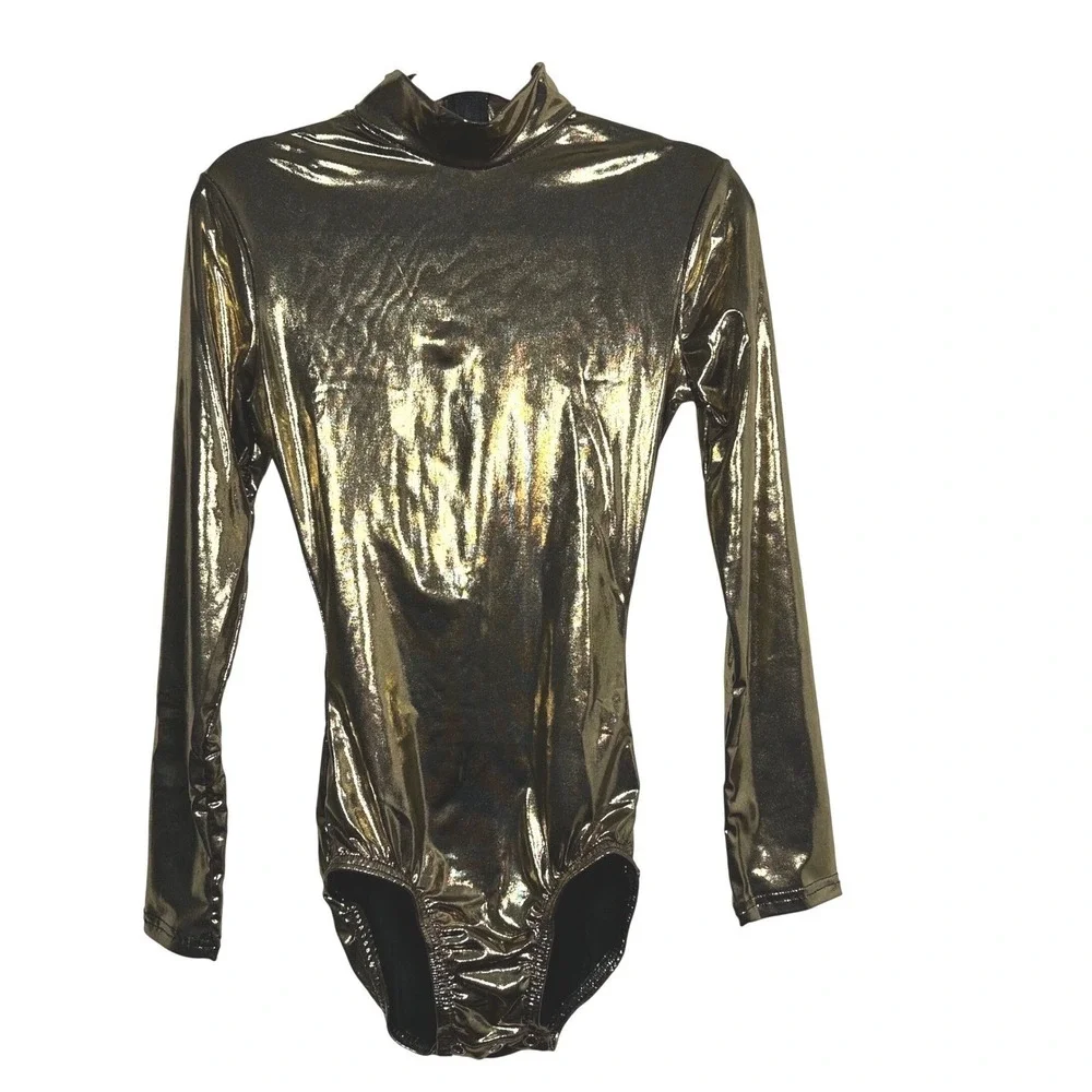 Body Wrappers Metallic Gold Long Sleeve Mock Neck Leotard adult XS NWT‎